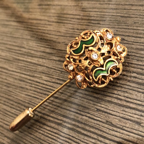 Vintage FLORENZA Stick Pin brooch Green Enamel & Rhinestones - Picture 16 of 16